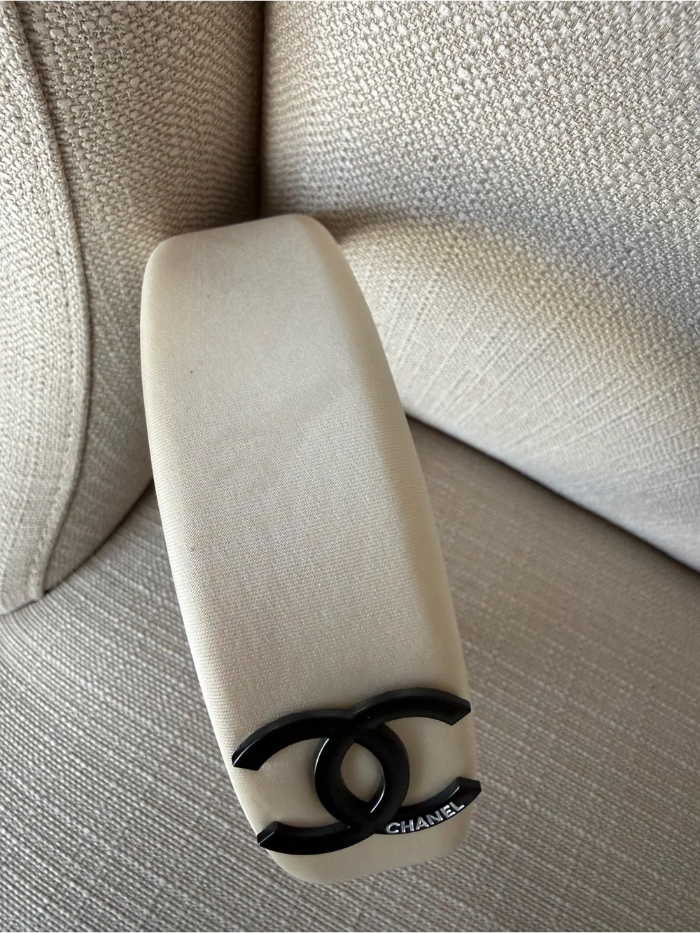 CHANEL Cream Satin Padded Headband with Black CC Emblem